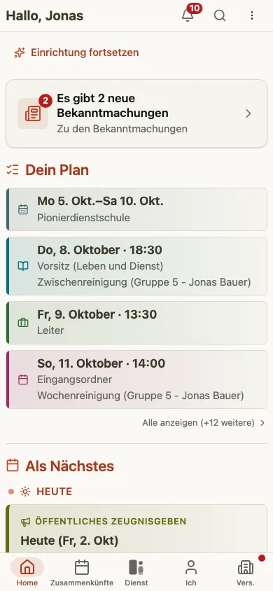 CongPlan – Startseite mit persönlichem Plan und dem, was als Nächstes ansteht