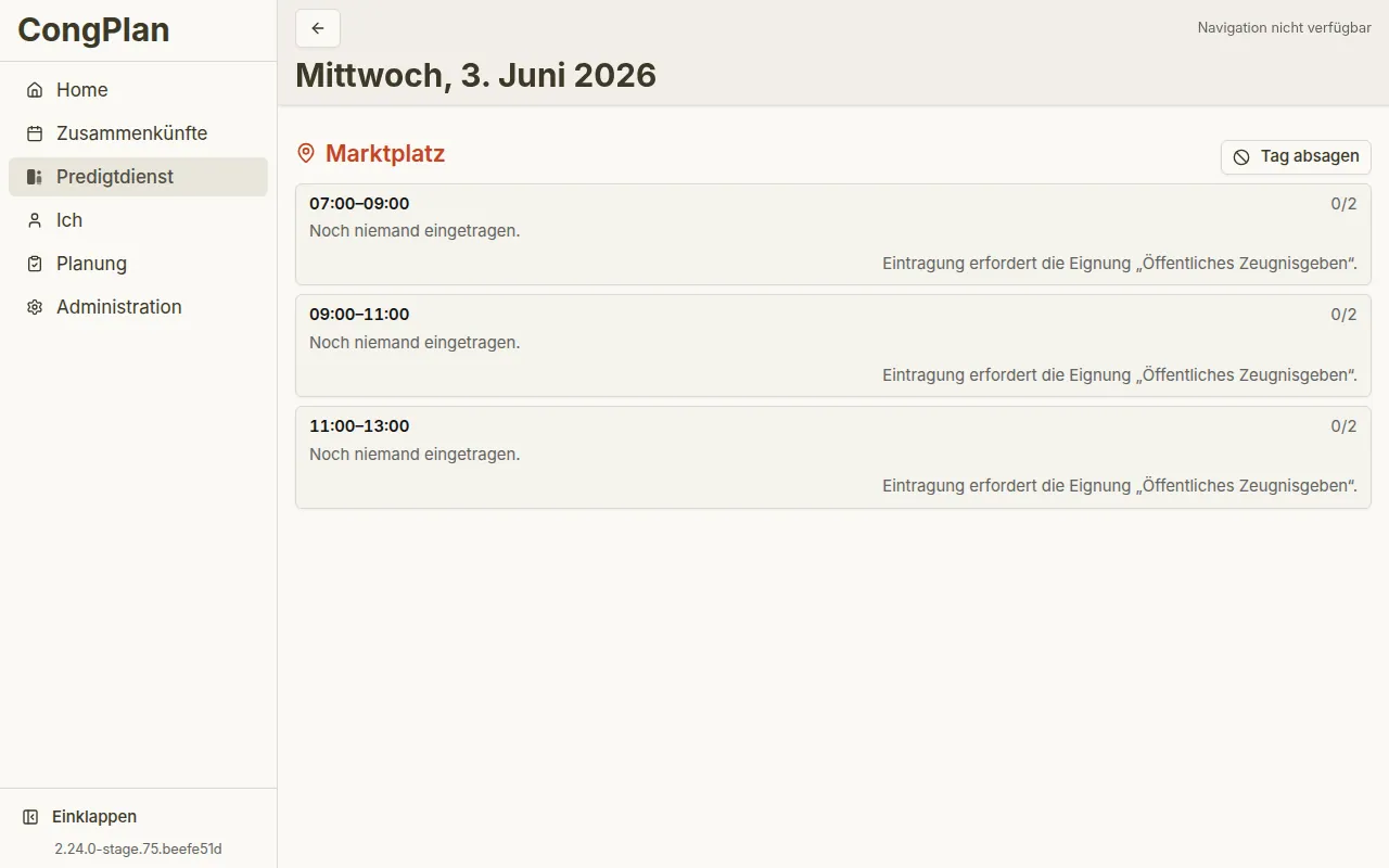 Tagesansicht öffentliches Zeugnisgeben in CongPlan