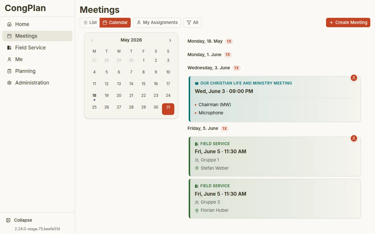 Shared congregation schedule in CongPlan