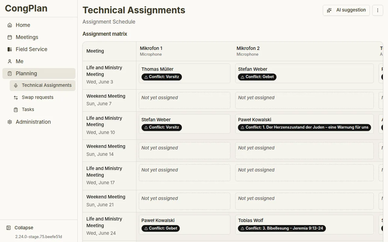 Technical assignments matrix in CongPlan