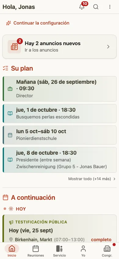 CongPlan – página de inicio con el plan personal y lo que viene a continuación