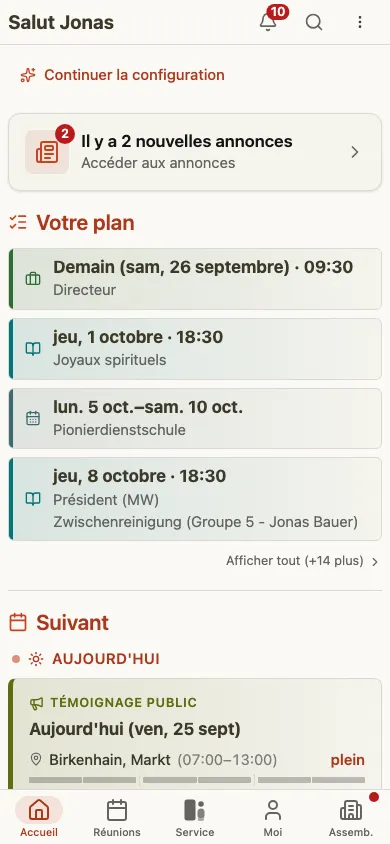 CongPlan – page d'accueil avec le plan personnel et ce qui arrive ensuite