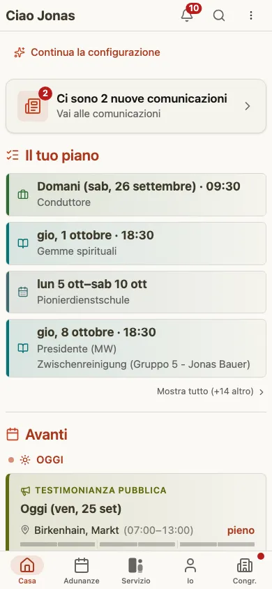 CongPlan – pagina iniziale con il piano personale e i prossimi impegni