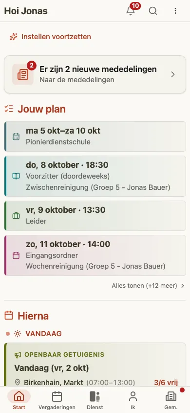 CongPlan – startpagina met het persoonlijke plan en wat eraan komt