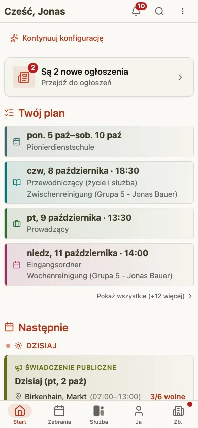 CongPlan – strona główna z osobistym planem i najbliższymi zadaniami