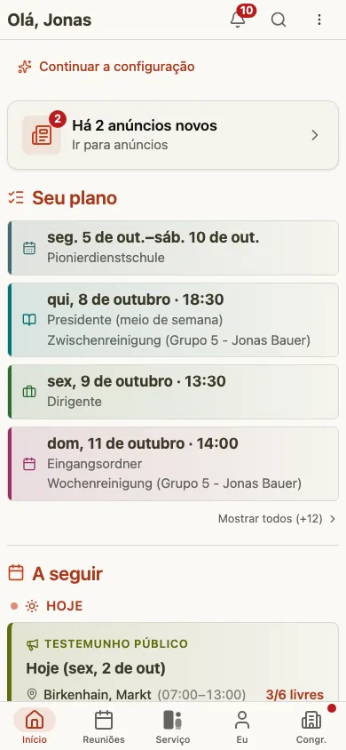 CongPlan – página inicial com o plano pessoal e o que vem a seguir