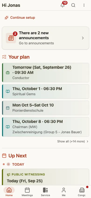 CongPlan – startsidan med den personliga planen och vad som kommer härnäst